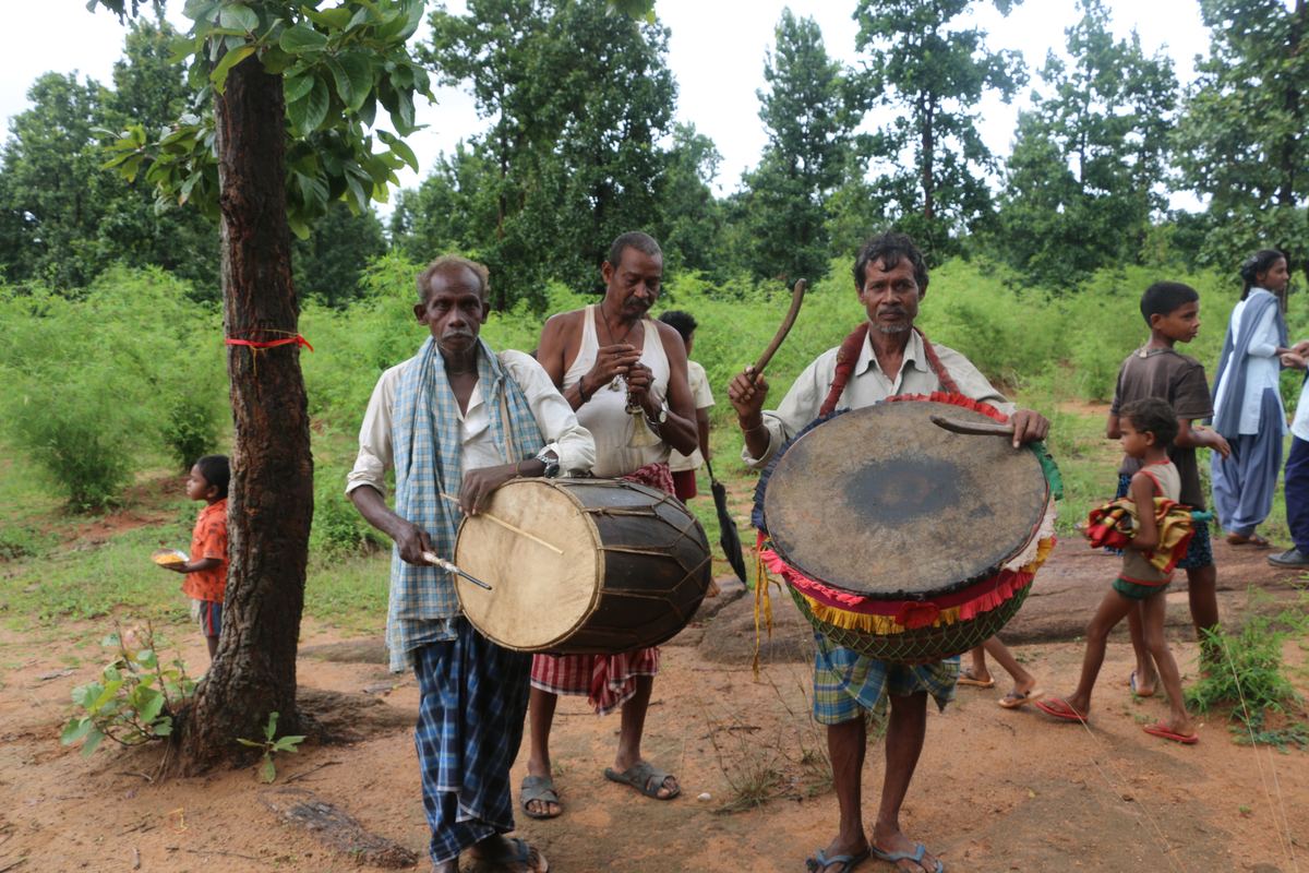 Community gathering with traditional drums in a forest setting